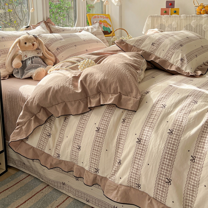 91家纺网 家纺一手货源 找家纺 莱越家纺 2026新款A类仿棉四件套古法水洗棉法式工艺花边四件套 蝴蝶结