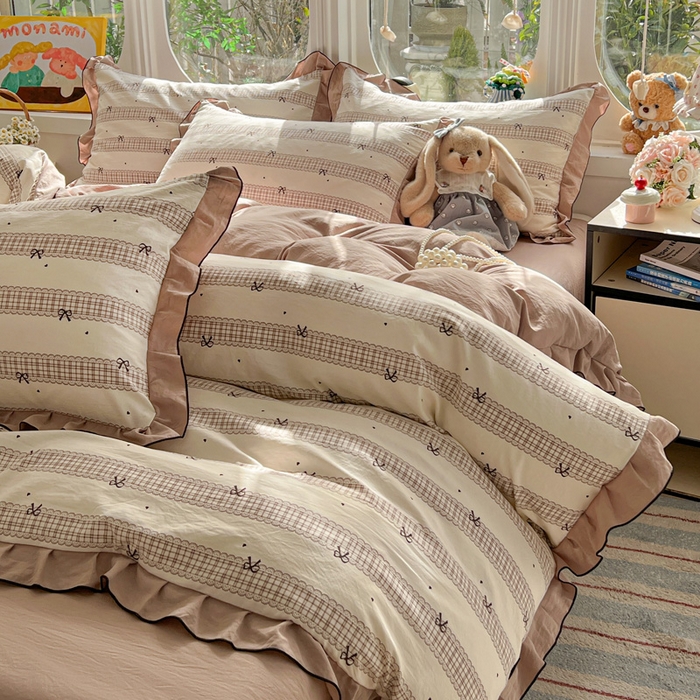 91家纺网 家纺一手货源 找家纺 莱越家纺 2026新款A类仿棉四件套古法水洗棉法式工艺花边四件套 蝴蝶结