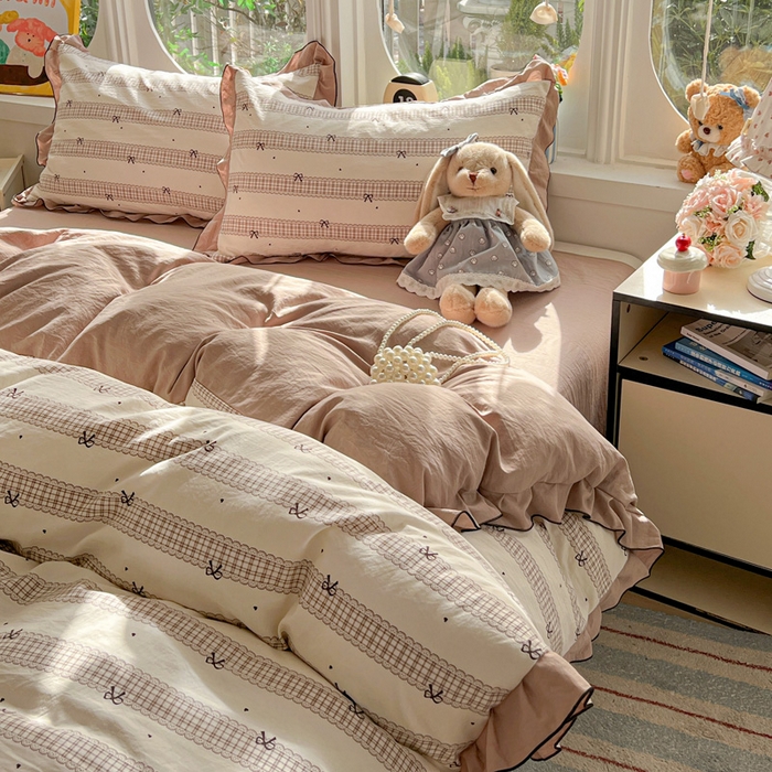 91家纺网 家纺一手货源 找家纺 莱越家纺 2026新款A类仿棉四件套古法水洗棉法式工艺花边四件套 蝴蝶结