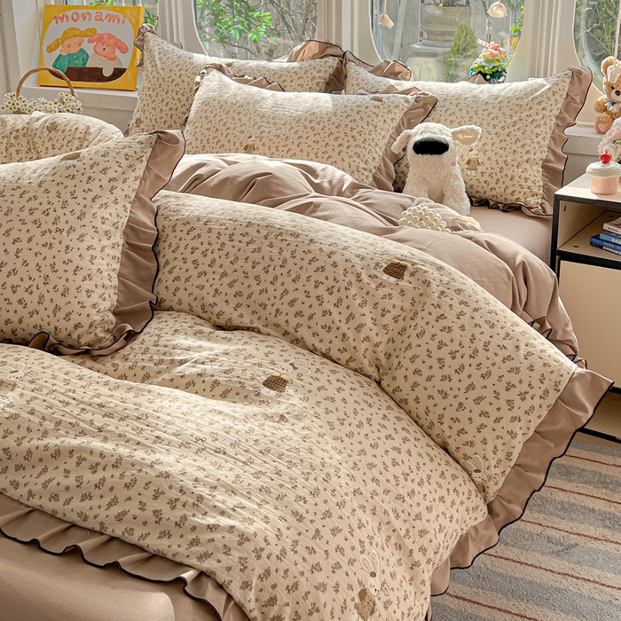 莱越家纺 2026新款A类仿棉四件套古法水洗棉法式工艺花边四件套 花园兔