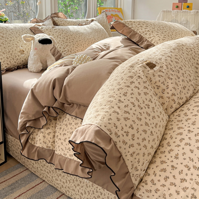 91家纺网 家纺一手货源 找家纺 莱越家纺 2026新款A类仿棉四件套古法水洗棉法式工艺花边四件套 花园兔