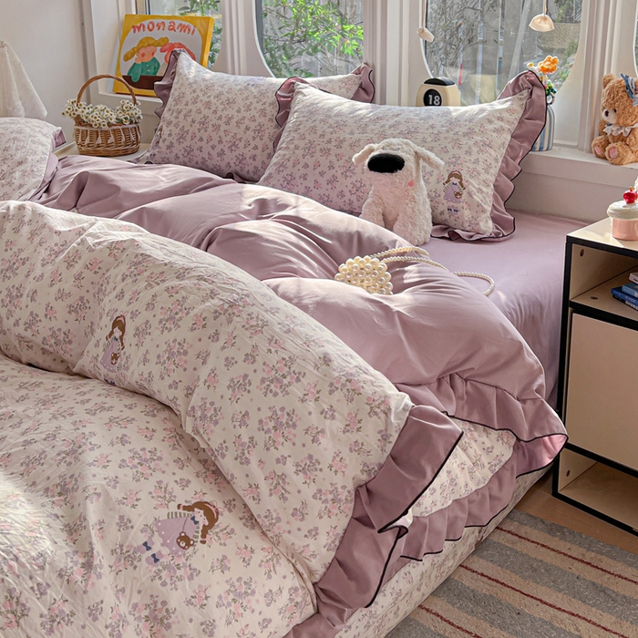 91家纺网 家纺一手货源 找家纺 莱越家纺 2026新款A类仿棉四件套古法水洗棉法式工艺花边四件套 情书