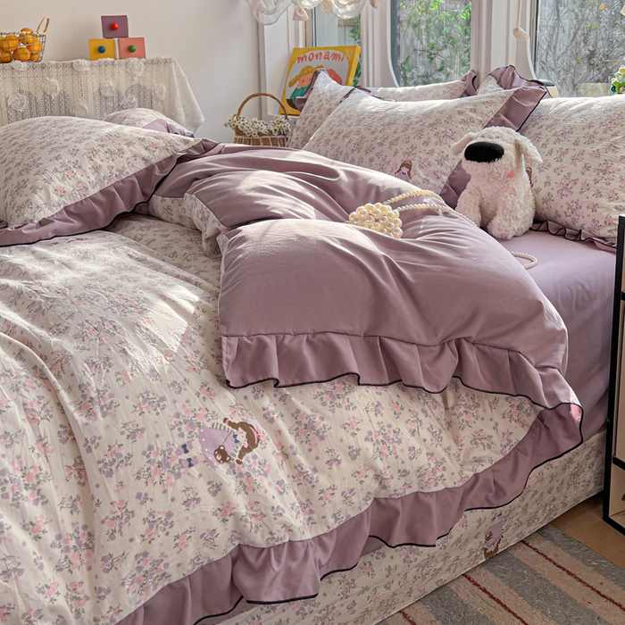 91家纺网 家纺一手货源 找家纺 莱越家纺 2026新款A类仿棉四件套古法水洗棉法式工艺花边四件套 情书