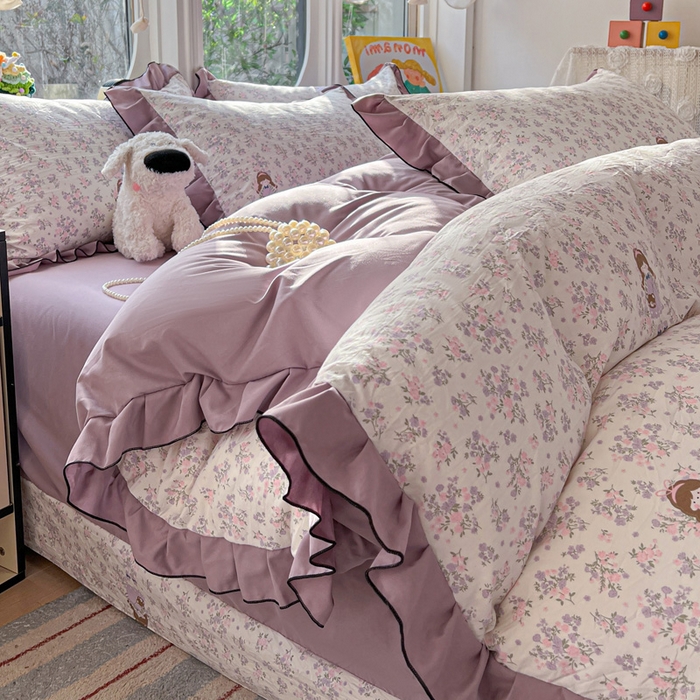 91家纺网 家纺一手货源 找家纺 莱越家纺 2026新款A类仿棉四件套古法水洗棉法式工艺花边四件套 情书