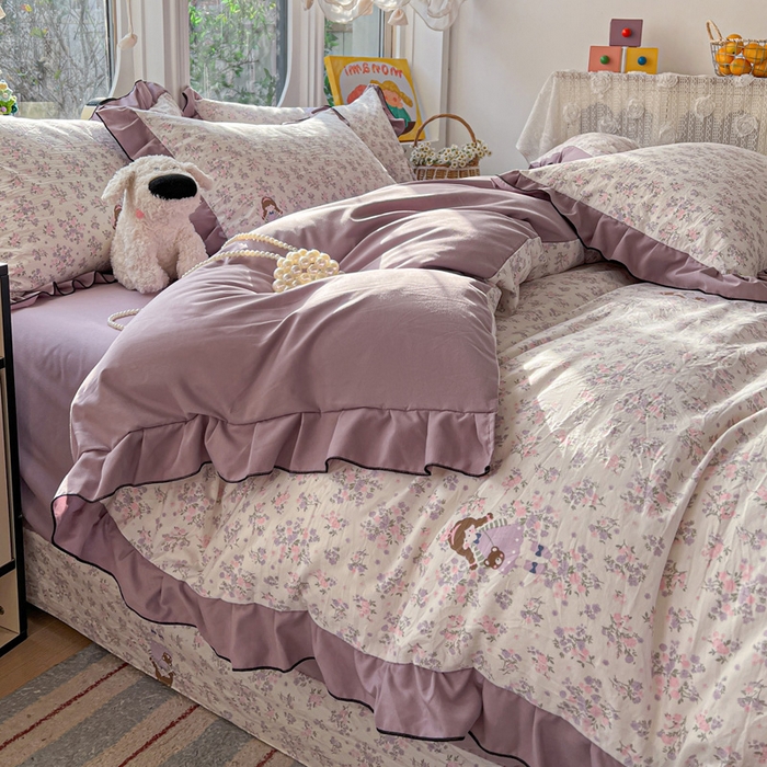 91家纺网 家纺一手货源 找家纺 莱越家纺 2026新款A类仿棉四件套古法水洗棉法式工艺花边四件套 情书