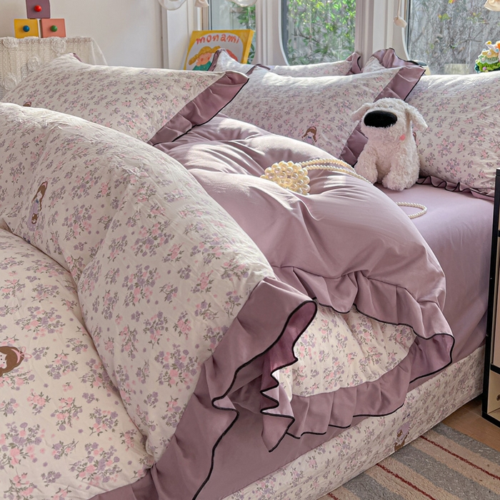 91家纺网 家纺一手货源 找家纺 莱越家纺 2026新款A类仿棉四件套古法水洗棉法式工艺花边四件套 情书