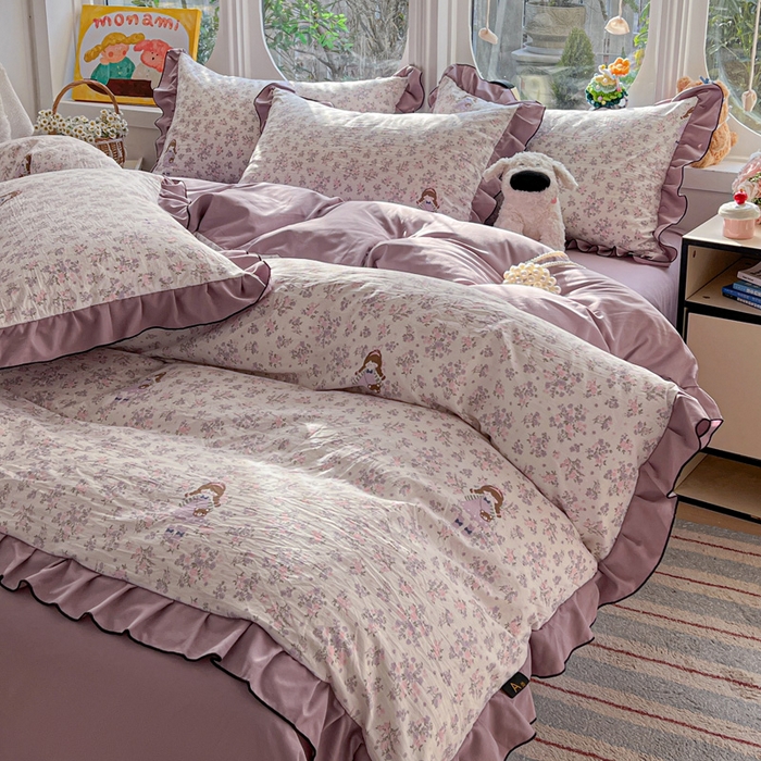 莱越家纺 2026新款A类仿棉四件套古法水洗棉法式工艺花边四件套 情书