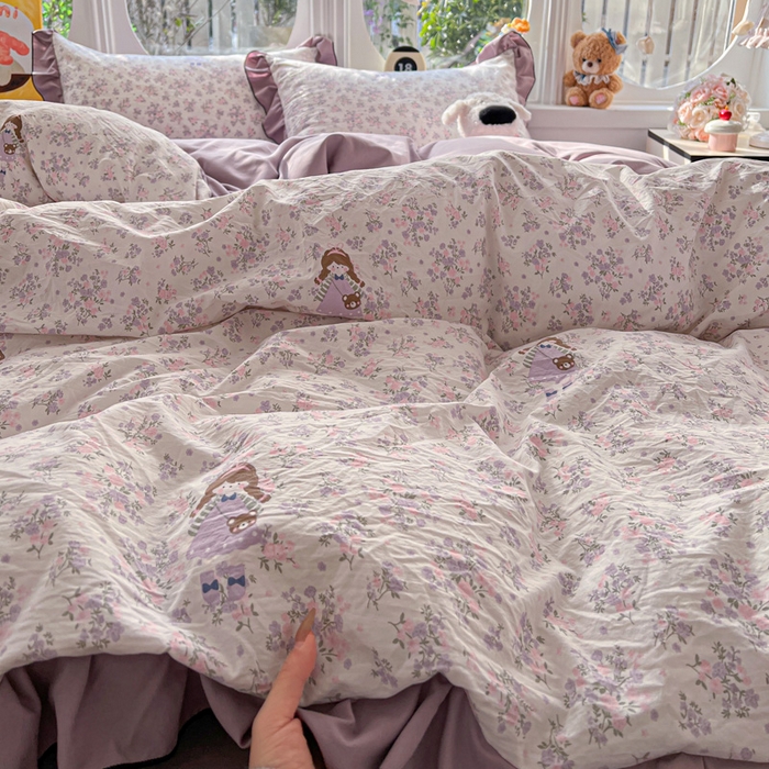 91家纺网 家纺一手货源 找家纺 莱越家纺 2026新款A类仿棉四件套古法水洗棉法式工艺花边四件套 情书