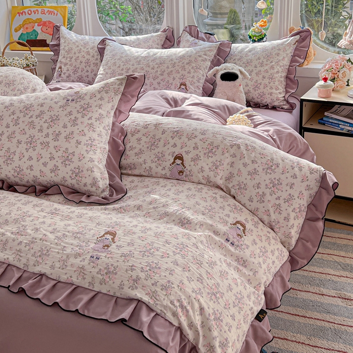 91家纺网 家纺一手货源 找家纺 莱越家纺 2026新款A类仿棉四件套古法水洗棉法式工艺花边四件套 情书