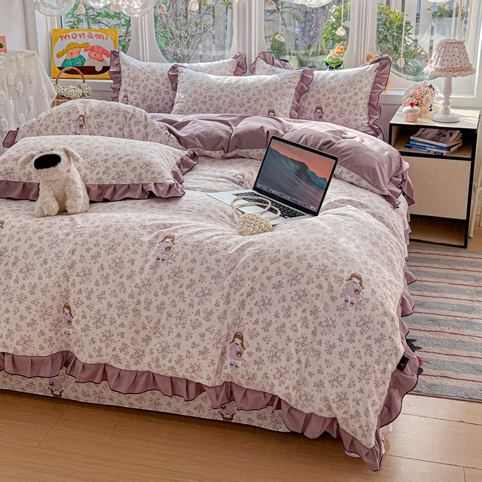 91家纺网 家纺一手货源 找家纺 莱越家纺 2026新款A类仿棉四件套古法水洗棉法式工艺花边四件套 情书