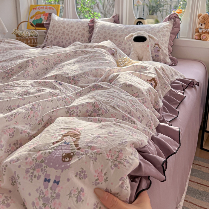 91家纺网 家纺一手货源 找家纺 莱越家纺 2026新款A类仿棉四件套古法水洗棉法式工艺花边四件套 情书