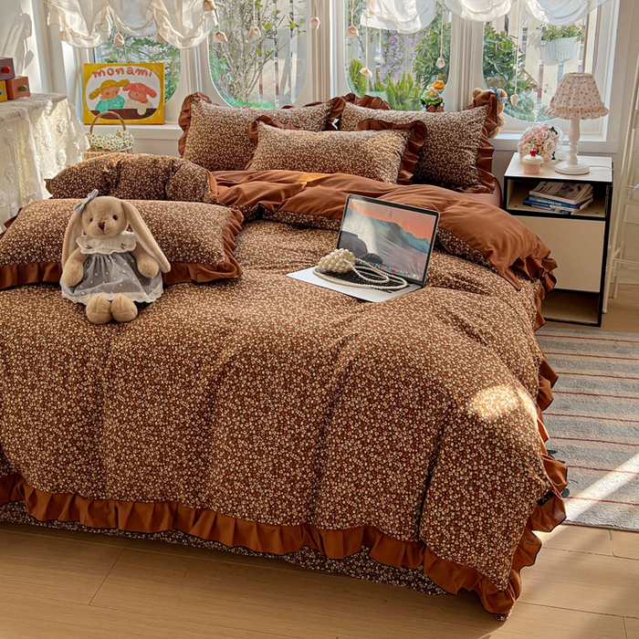 91家纺网 家纺一手货源 找家纺 莱越家纺 2026新款A类仿棉四件套古法水洗棉法式工艺花边四件套 秋意浓