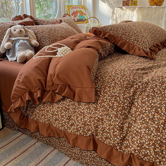 91家纺网 家纺一手货源 找家纺 莱越家纺 2026新款A类仿棉四件套古法水洗棉法式工艺花边四件套 秋意浓