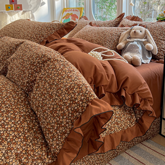 91家纺网 家纺一手货源 找家纺 莱越家纺 2026新款A类仿棉四件套古法水洗棉法式工艺花边四件套 秋意浓