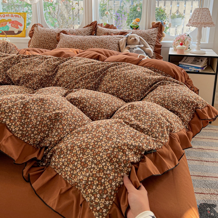 91家纺网 家纺一手货源 找家纺 莱越家纺 2026新款A类仿棉四件套古法水洗棉法式工艺花边四件套 秋意浓