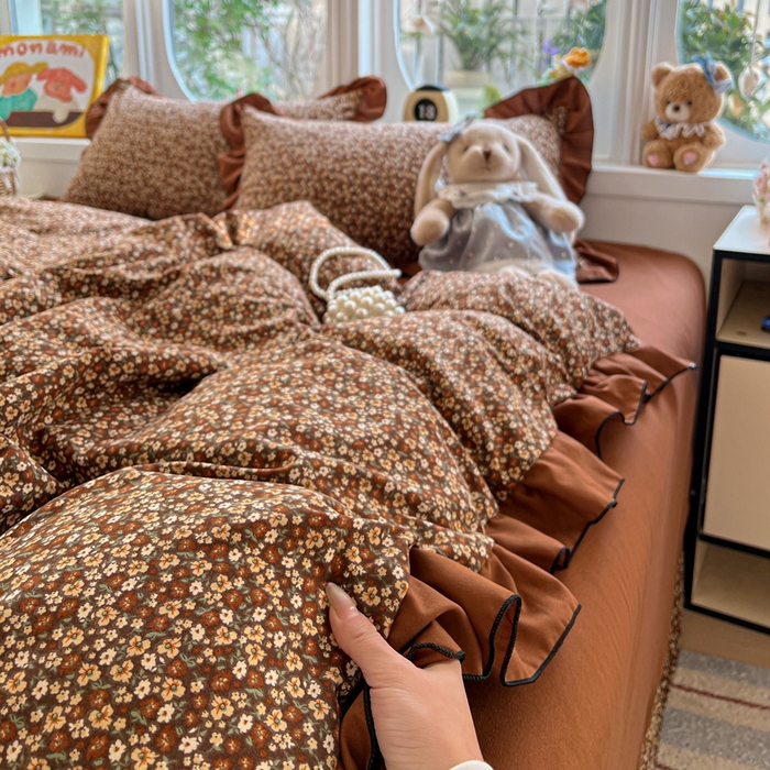 91家纺网 家纺一手货源 找家纺 莱越家纺 2026新款A类仿棉四件套古法水洗棉法式工艺花边四件套 秋意浓