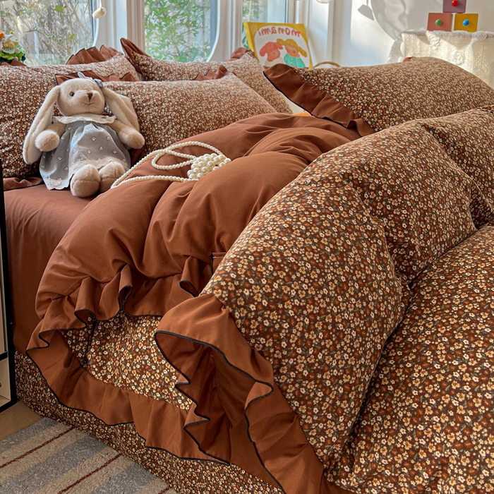 91家纺网 家纺一手货源 找家纺 莱越家纺 2026新款A类仿棉四件套古法水洗棉法式工艺花边四件套 秋意浓