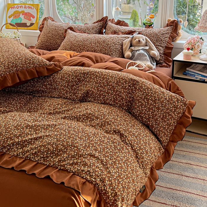 莱越家纺 2026新款A类仿棉四件套古法水洗棉法式工艺花边四件套 秋意浓