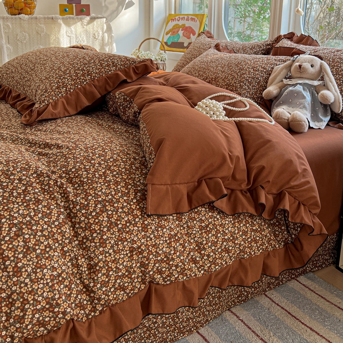 91家纺网 家纺一手货源 找家纺 莱越家纺 2026新款A类仿棉四件套古法水洗棉法式工艺花边四件套 秋意浓