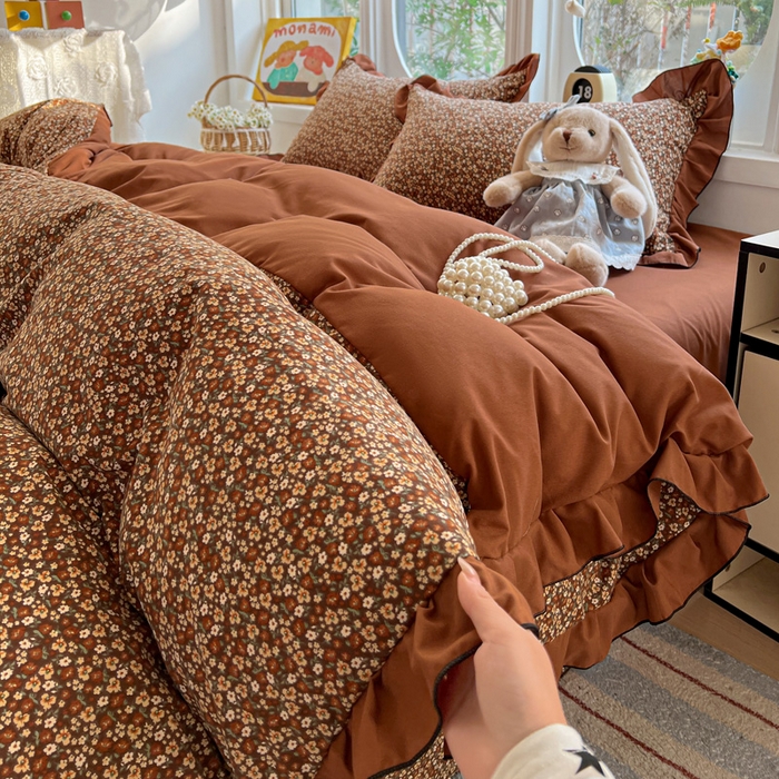 91家纺网 家纺一手货源 找家纺 莱越家纺 2026新款A类仿棉四件套古法水洗棉法式工艺花边四件套 秋意浓