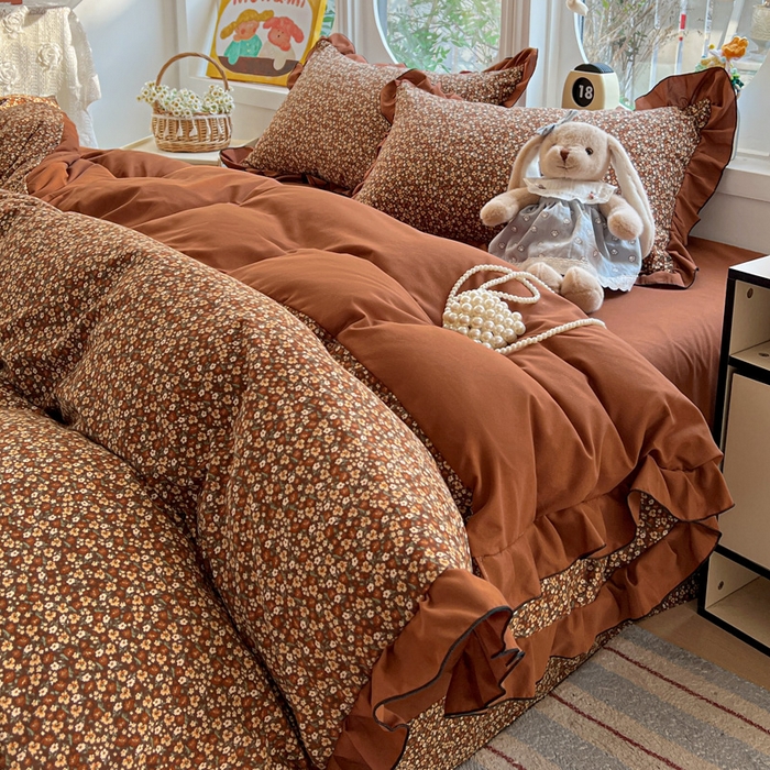 91家纺网 家纺一手货源 找家纺 莱越家纺 2026新款A类仿棉四件套古法水洗棉法式工艺花边四件套 秋意浓