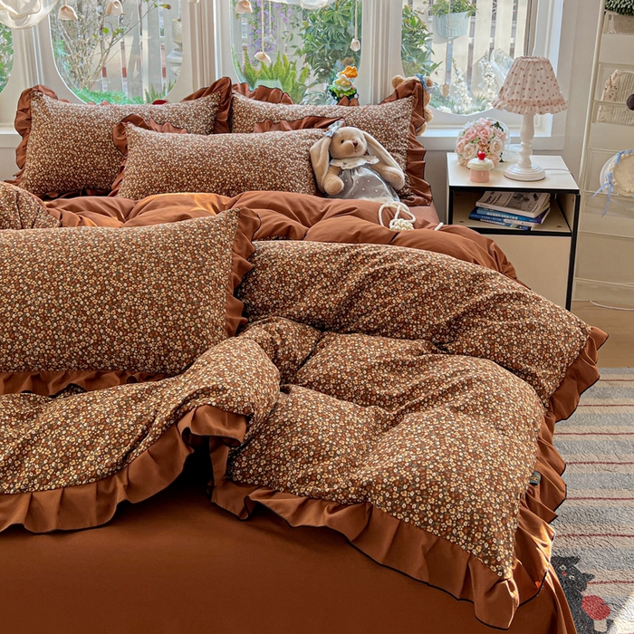 91家纺网 家纺一手货源 找家纺 莱越家纺 2026新款A类仿棉四件套古法水洗棉法式工艺花边四件套 秋意浓