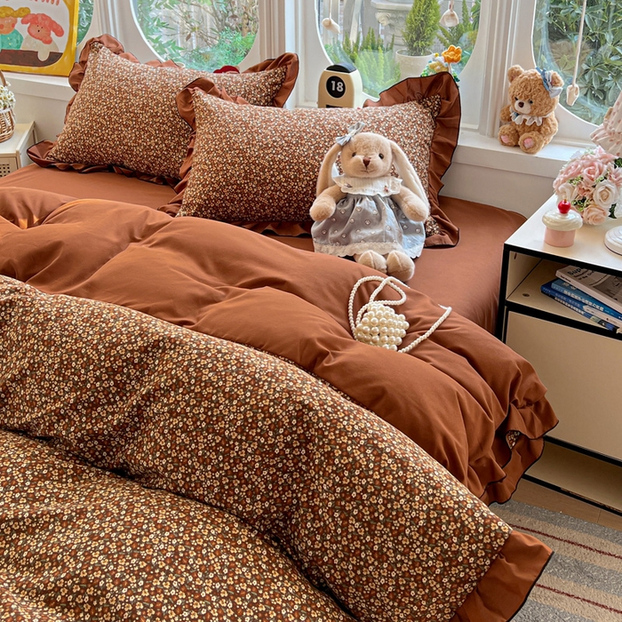 91家纺网 家纺一手货源 找家纺 莱越家纺 2026新款A类仿棉四件套古法水洗棉法式工艺花边四件套 秋意浓