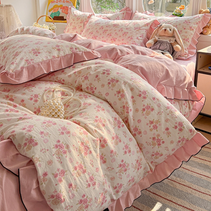 91家纺网 家纺一手货源 找家纺 莱越家纺 2026新款A类仿棉四件套古法水洗棉法式工艺花边四件套 十里桃花