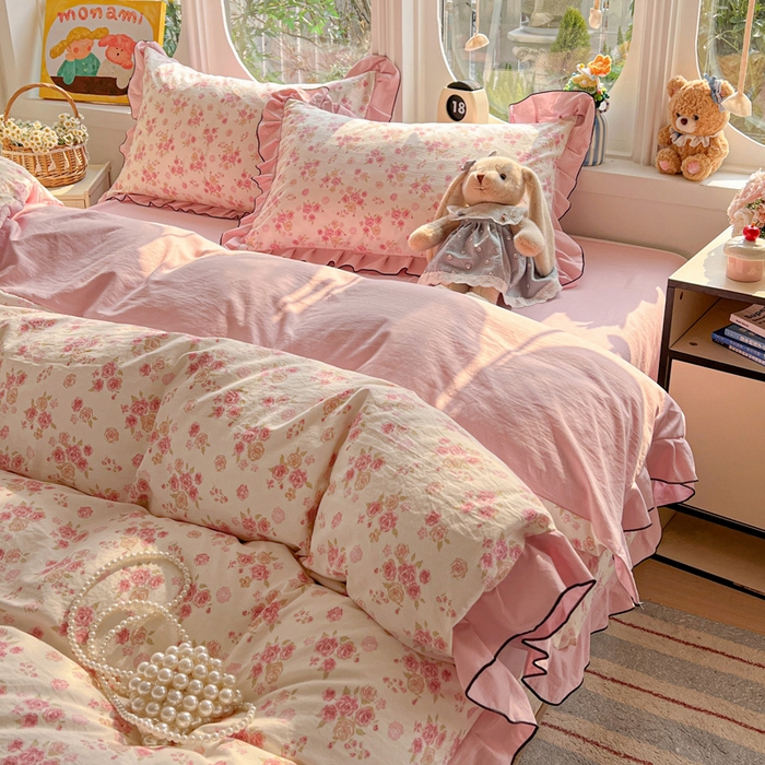 91家纺网 家纺一手货源 找家纺 莱越家纺 2026新款A类仿棉四件套古法水洗棉法式工艺花边四件套 十里桃花