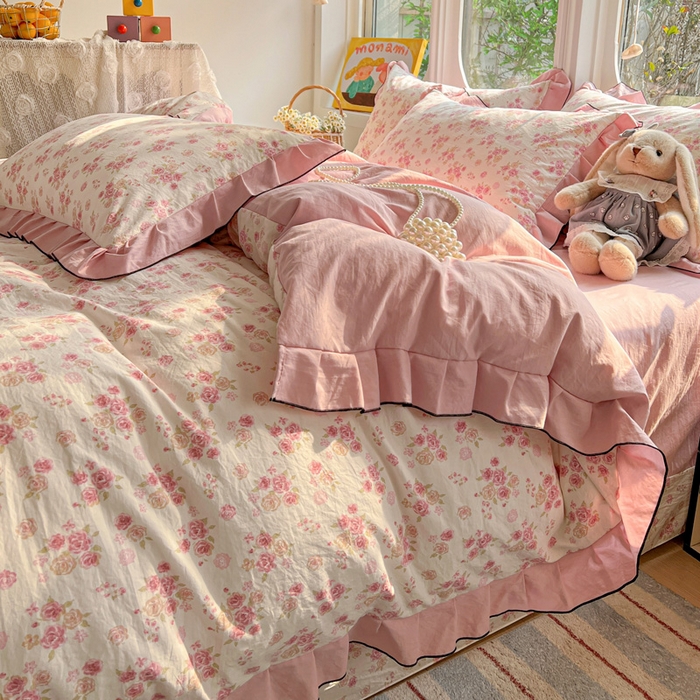 91家纺网 家纺一手货源 找家纺 莱越家纺 2026新款A类仿棉四件套古法水洗棉法式工艺花边四件套 十里桃花