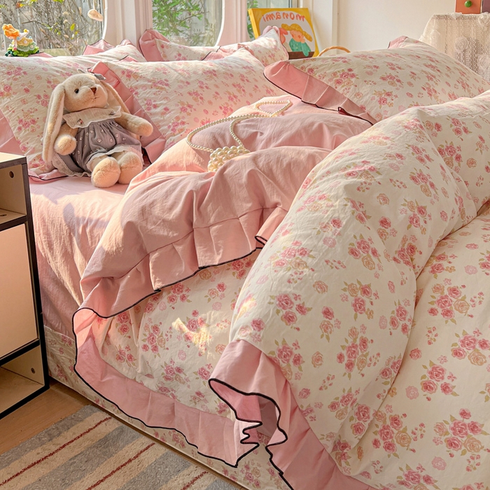 91家纺网 家纺一手货源 找家纺 莱越家纺 2026新款A类仿棉四件套古法水洗棉法式工艺花边四件套 十里桃花