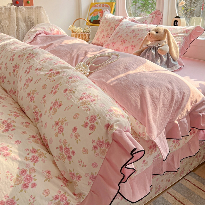 91家纺网 家纺一手货源 找家纺 莱越家纺 2026新款A类仿棉四件套古法水洗棉法式工艺花边四件套 十里桃花