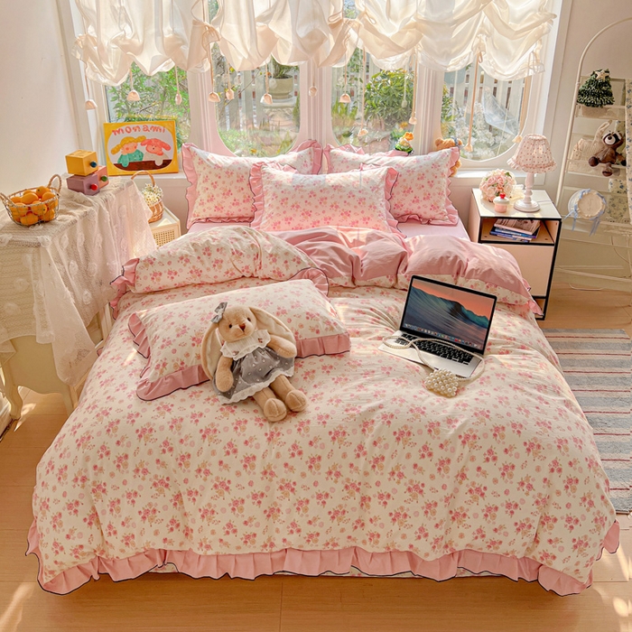 91家纺网 家纺一手货源 找家纺 莱越家纺 2026新款A类仿棉四件套古法水洗棉法式工艺花边四件套 十里桃花