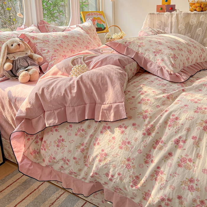 91家纺网 家纺一手货源 找家纺 莱越家纺 2026新款A类仿棉四件套古法水洗棉法式工艺花边四件套 十里桃花