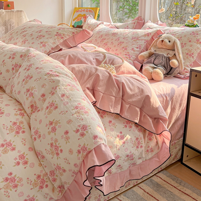 91家纺网 家纺一手货源 找家纺 莱越家纺 2026新款A类仿棉四件套古法水洗棉法式工艺花边四件套 十里桃花