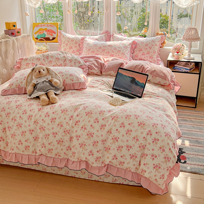 91家纺网 家纺一手货源 找家纺 莱越家纺 2026新款A类仿棉四件套古法水洗棉法式工艺花边四件套 十里桃花