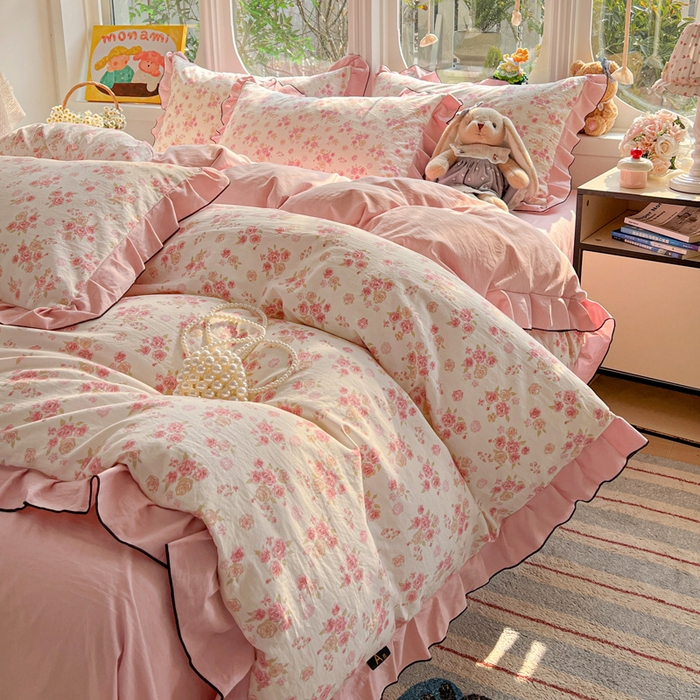 莱越家纺 2026新款A类仿棉四件套古法水洗棉法式工艺花边四件套 十里桃花