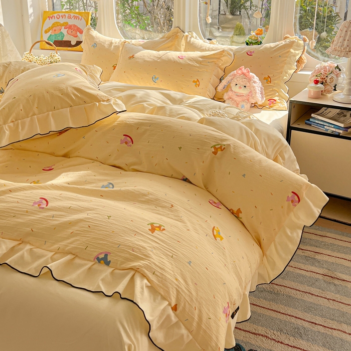 莱越家纺 2026新款A类仿棉四件套古法水洗棉法式工艺花边四件套 童年木马