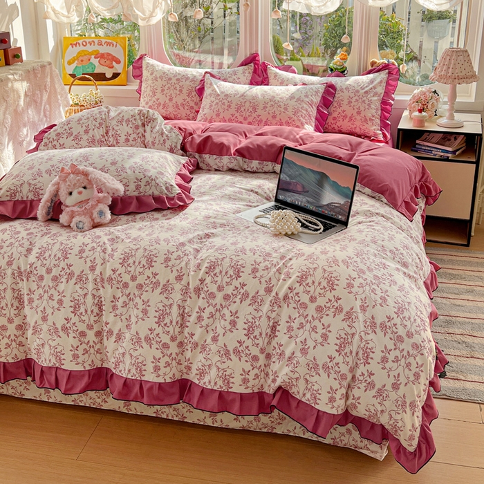 91家纺网 家纺一手货源 找家纺 莱越家纺 2026新款A类仿棉四件套古法水洗棉法式工艺花边四件套 邂逅