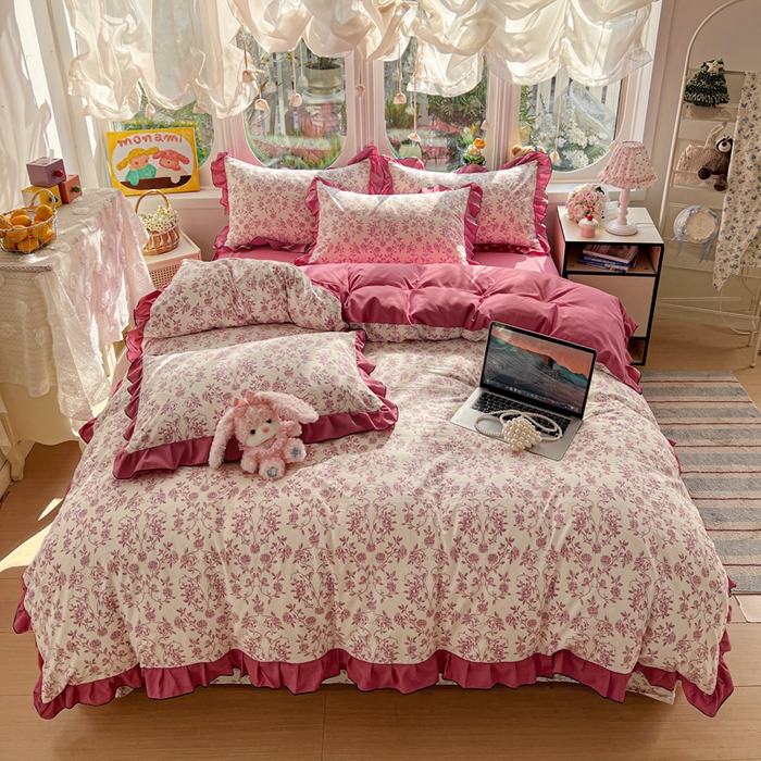 91家纺网 家纺一手货源 找家纺 莱越家纺 2026新款A类仿棉四件套古法水洗棉法式工艺花边四件套 邂逅