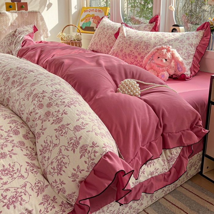 91家纺网 家纺一手货源 找家纺 莱越家纺 2026新款A类仿棉四件套古法水洗棉法式工艺花边四件套 邂逅