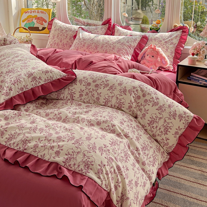 莱越家纺 2026新款A类仿棉四件套古法水洗棉法式工艺花边四件套 邂逅