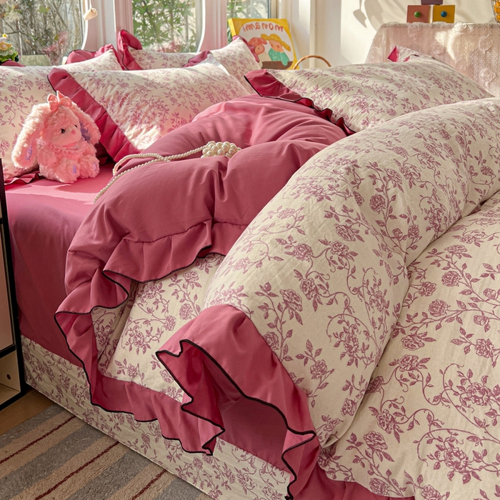 91家纺网 家纺一手货源 找家纺 莱越家纺 2026新款A类仿棉四件套古法水洗棉法式工艺花边四件套 邂逅