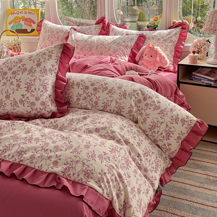 91家纺网 家纺一手货源 找家纺 莱越家纺 2026新款A类仿棉四件套古法水洗棉法式工艺花边四件套 邂逅