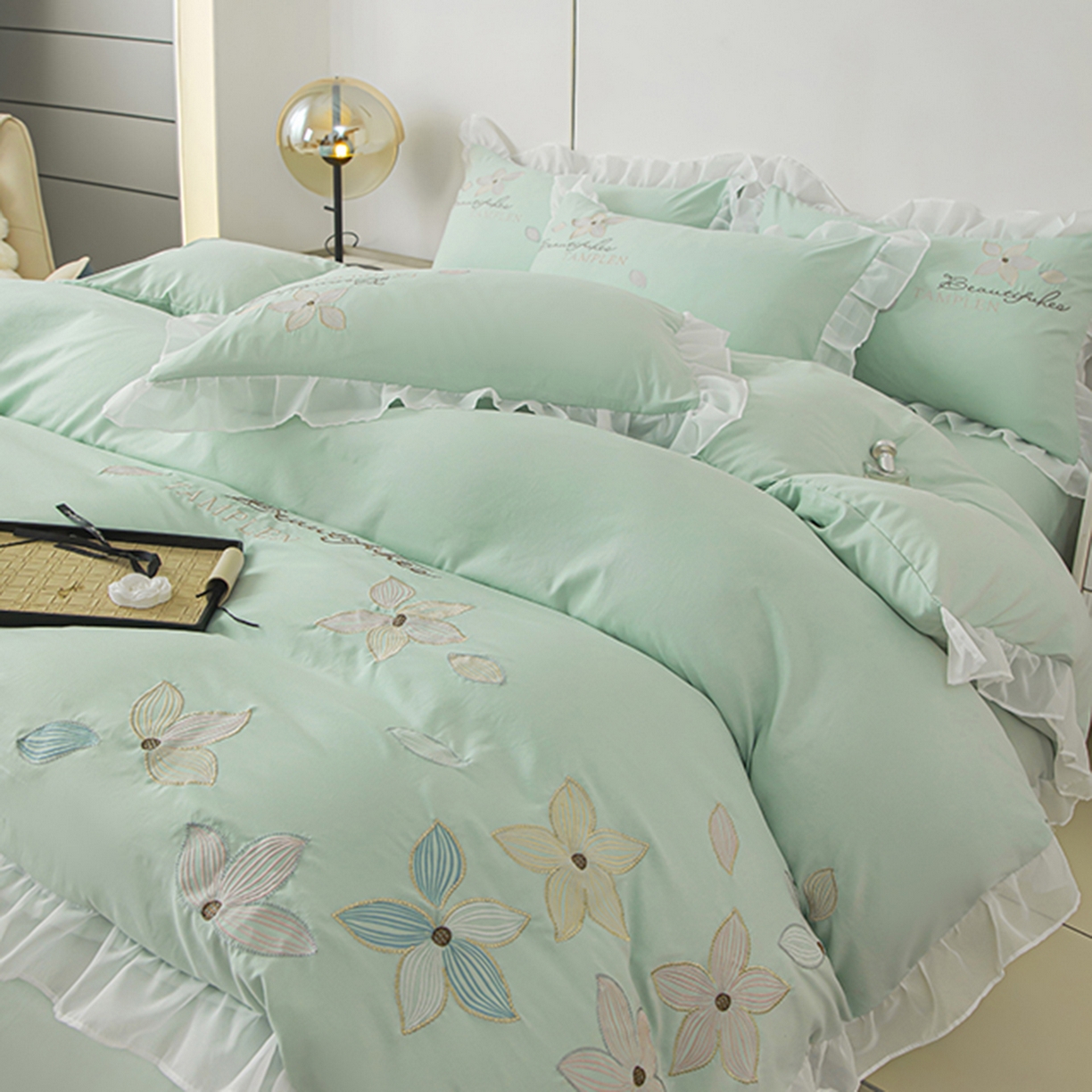 91家纺网 家纺一手货源 找家纺 木子家纺 2026新款水洗棉刺绣四件套-花颜系列 花颜-山翠绿