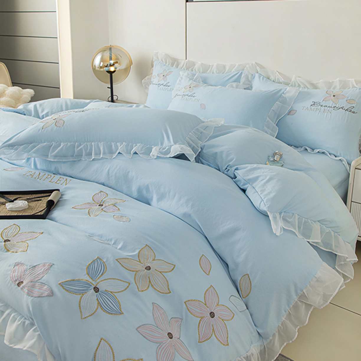 91家纺网 家纺一手货源 找家纺 木子家纺 2026新款水洗棉刺绣四件套-花颜系列 花颜-沙天兰