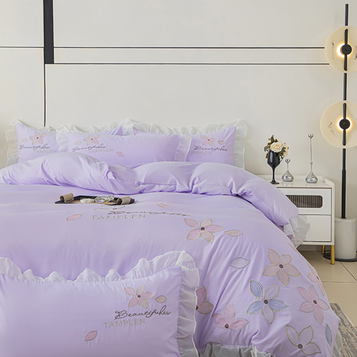 91家纺网 家纺一手货源 找家纺 木子家纺 2026新款水洗棉刺绣四件套-花颜系列 花颜-苏紫