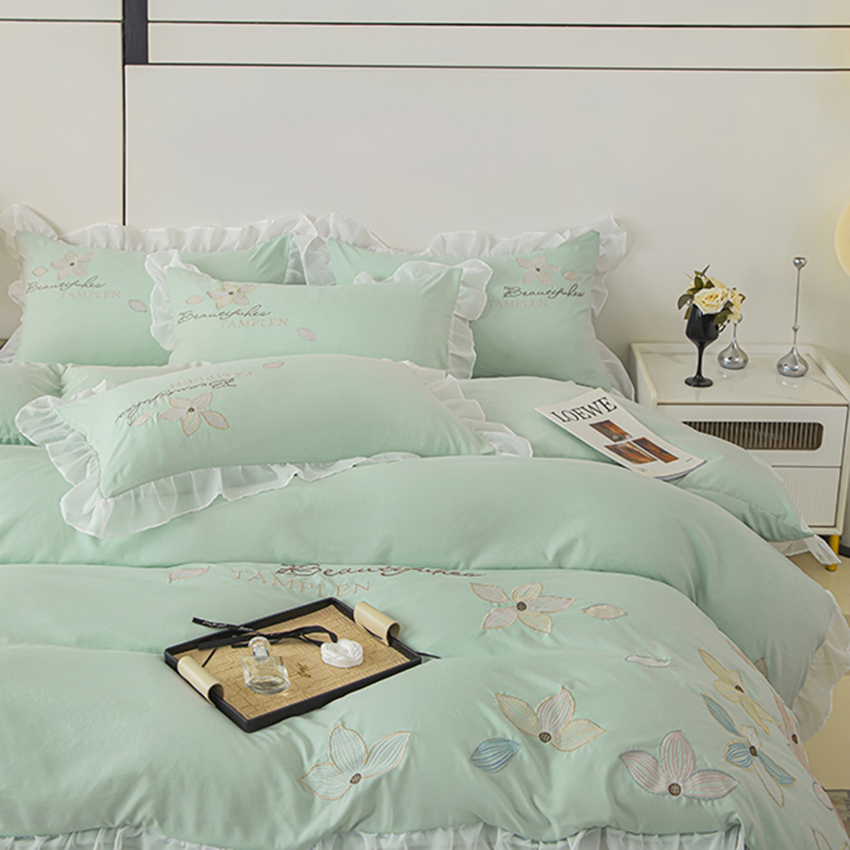 91家纺网 家纺一手货源 找家纺 木子家纺 2026新款水洗棉刺绣四件套-花颜系列 花颜-山翠绿