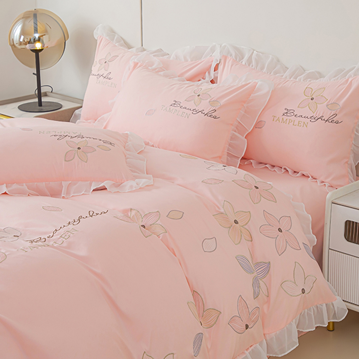 91家纺网 家纺一手货源 找家纺 木子家纺 2026新款水洗棉刺绣四件套-花颜系列 花颜-胭脂粉