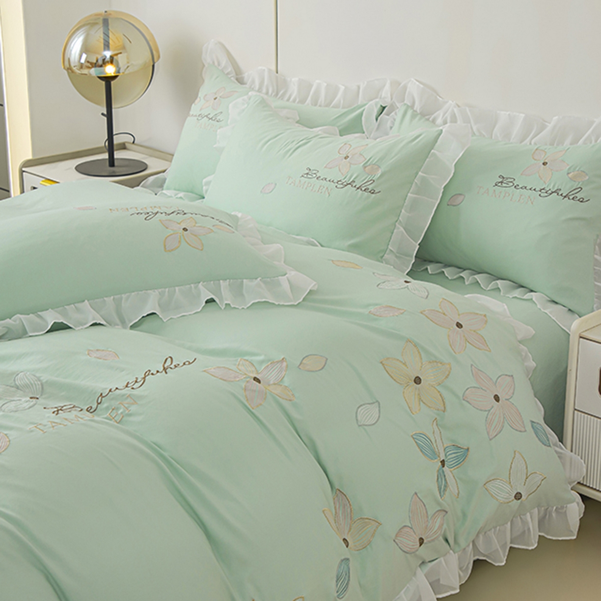 91家纺网 家纺一手货源 找家纺 木子家纺 2026新款水洗棉刺绣四件套-花颜系列 花颜-山翠绿